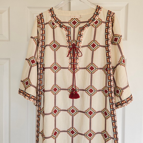 TORY BURCH Embroidered Caftan Dress Geo Print Size Small - Picture 7 of 16